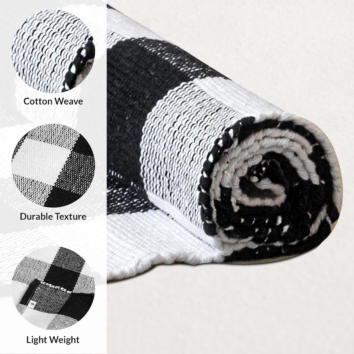 Katoenen vloerkleed – handgeweven wasbaar – zwart en wit 2x6 voet