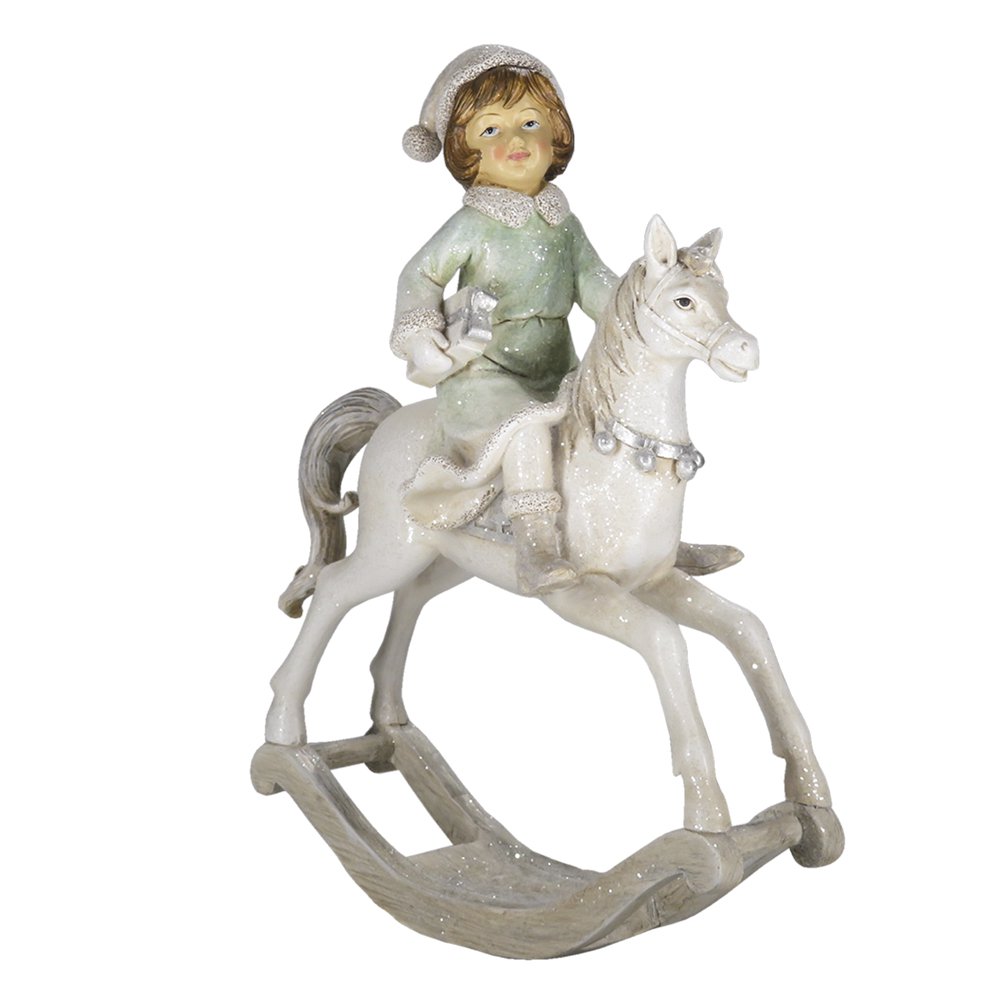 Beeld Hobbelpaard 26 cm Beige Groen Kunststof Kerstdecoratie