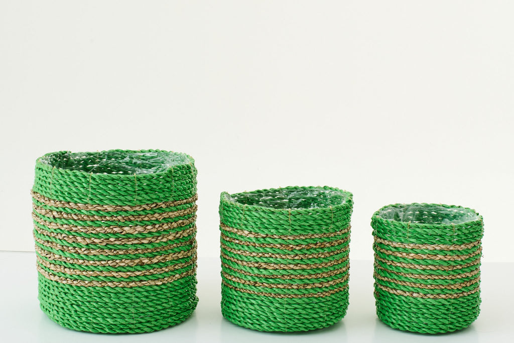 J-Line bloempot Gestreept - zeegras - naturel/groen - set van 3