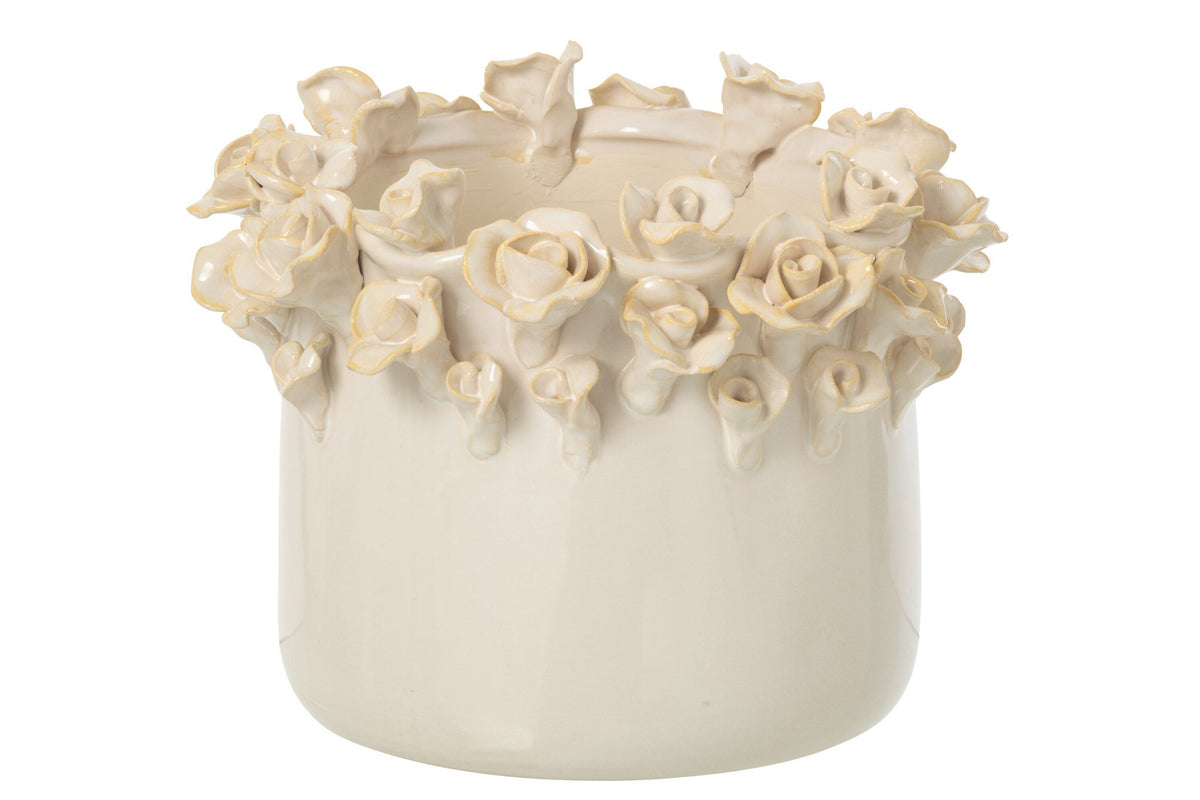 J-Line Bloempot met rozen - keramiek - ecru - large
