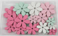 Houten bloemen 48st 5.5x4x3cm wit/hpink/mint