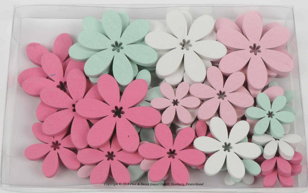 Houten bloemen 48st 5.5x4x3cm wit/hpink/mint
