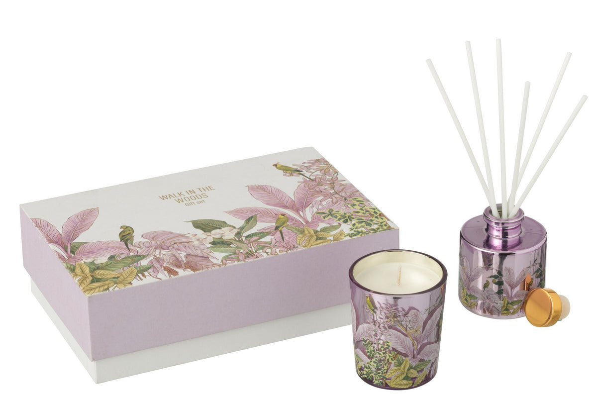 J-Line cadeauset geurkaarsen + geurolie boswandeling - roze