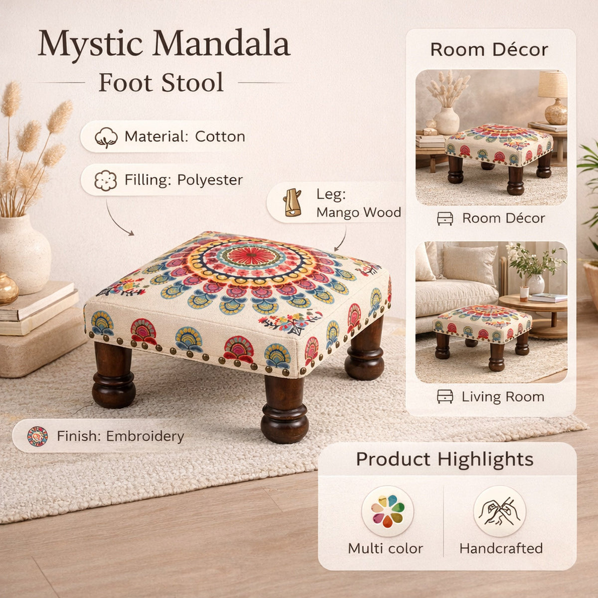 Mystic Mandala katoenen voetenbank met houten poten