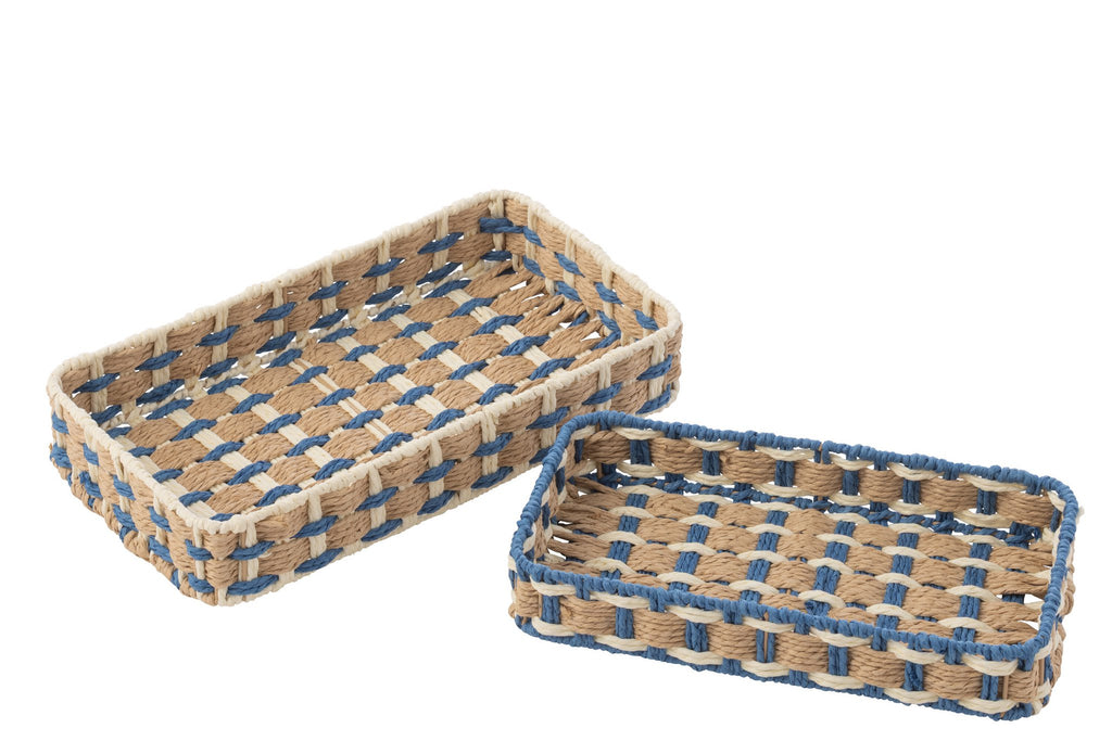J-Line plateau Rechthoek - papier - naturel/blauw - set van 2