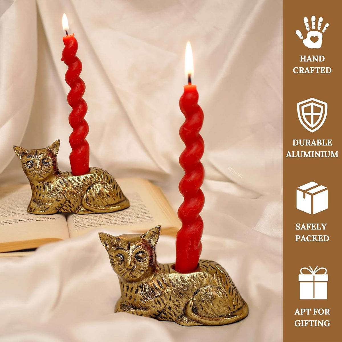 Aluminium kat beeldje kaarsenhouder set – antiek goud – 13 cm hoog, verpakking van 2