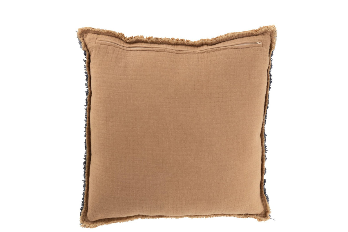 J-Line Kussen Gerafelde Randen Polyester/Katoen Lichtbruin/Blauw
