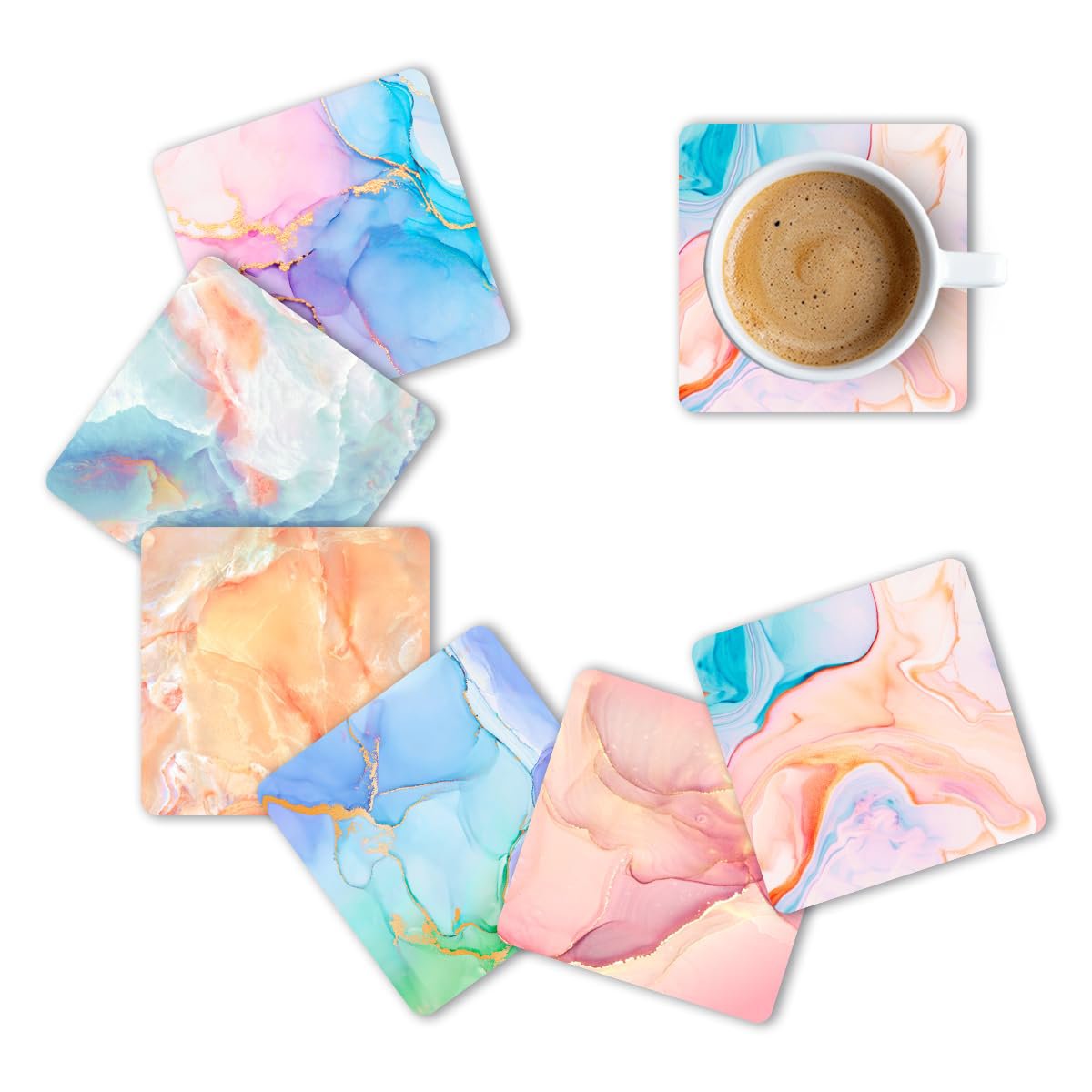 Premium Designer bedrukte marmeren houten onderzetters set van 6 (3,5") | Theekopjes, koffiemokken, glazen, woondecoratie, tafelbescherming