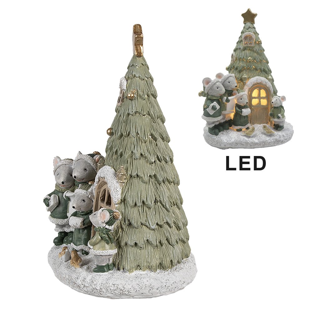 Decoratie Huis met LED Kerstboom 12x11x17 cm Groen Polyresin Muis Kerstdecoratie Beeld