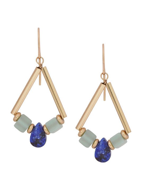 Geometrische hangende oorbellen – mode-sieraden voor de detailhandel – goudkleurig en blauw metaal – veilige vishaak
