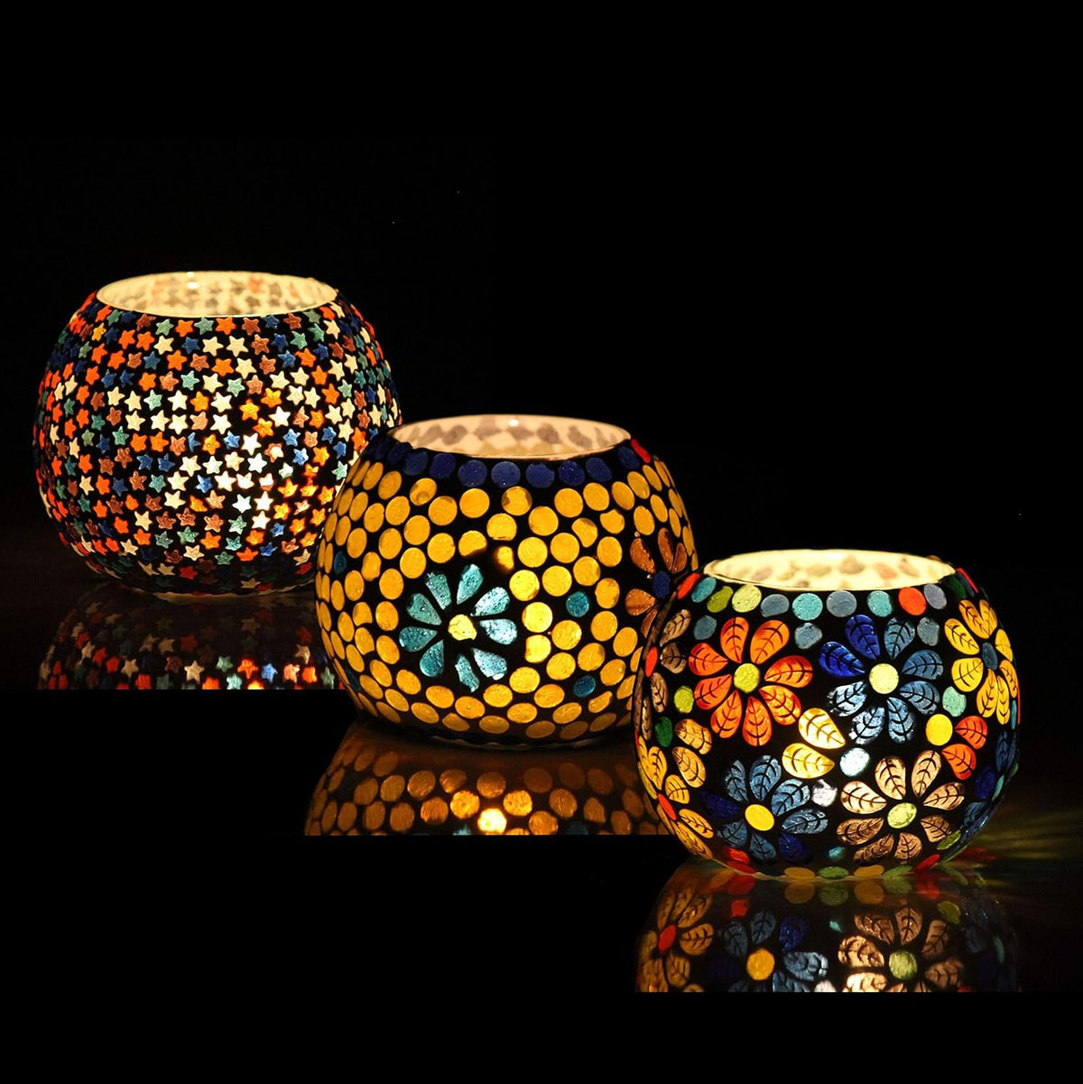 Theelichtkaarsenhouders – Glasmozaïek Design – Set van 3