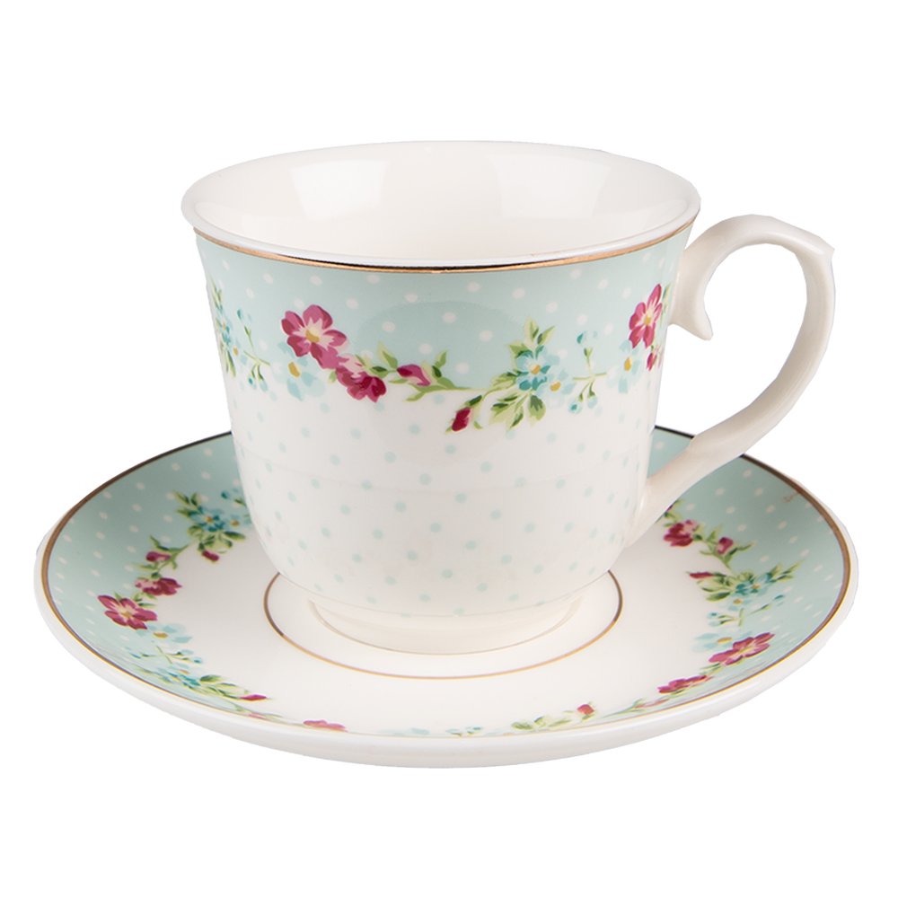 Kop en Schotel 250 ml Wit Groen Porselein Bloemen Servies