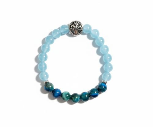 Dames armband Agaat + Blauwe Tijgeroog met RVS Tree of Life kraal