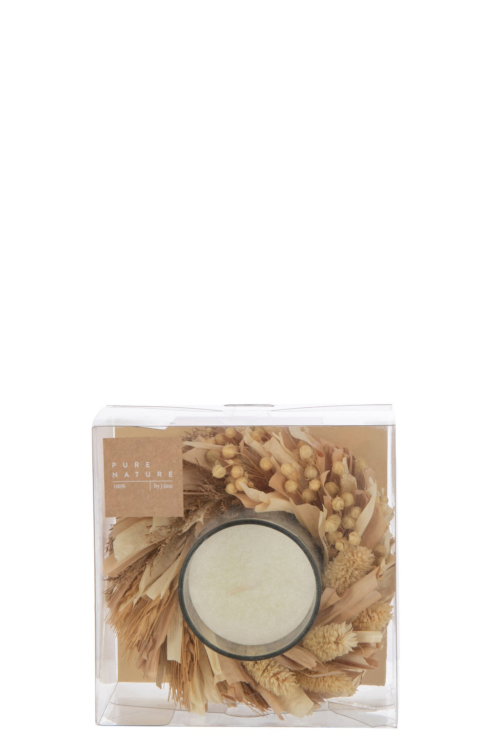 J-Line Kaars + bloemen Rond - glas - wit/naturel - 24U