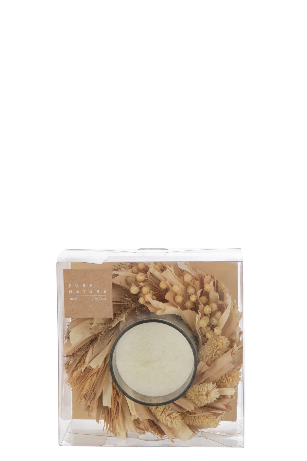 J-Line Kaars + bloemen Rond - glas - wit/naturel - 24U