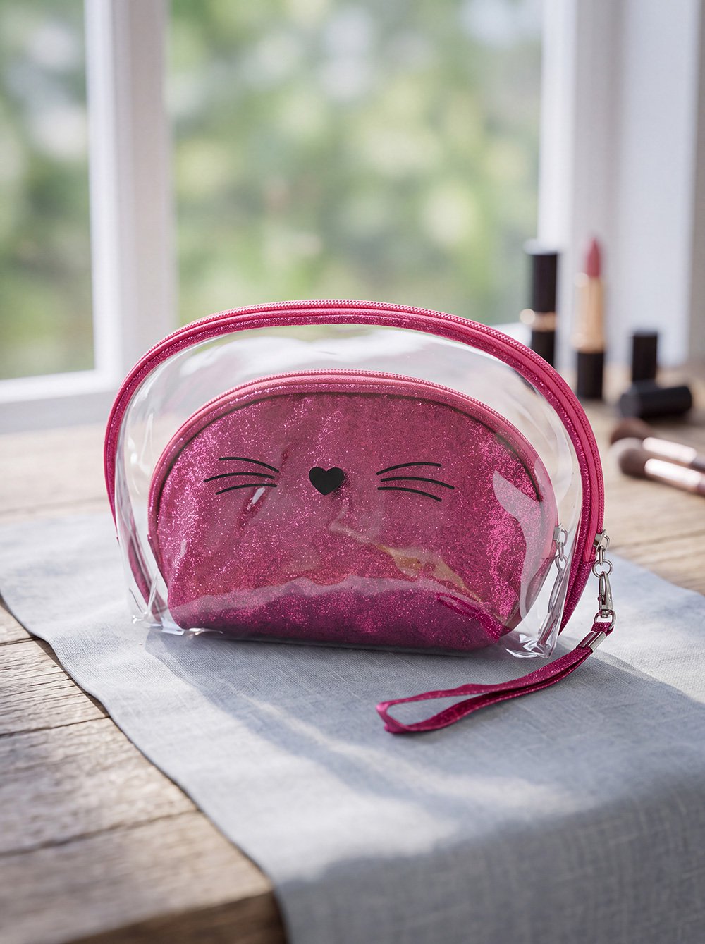 Toilettas Dames Set van 2 24x15 / 19x12 cm Roze Polyurethaan Kat