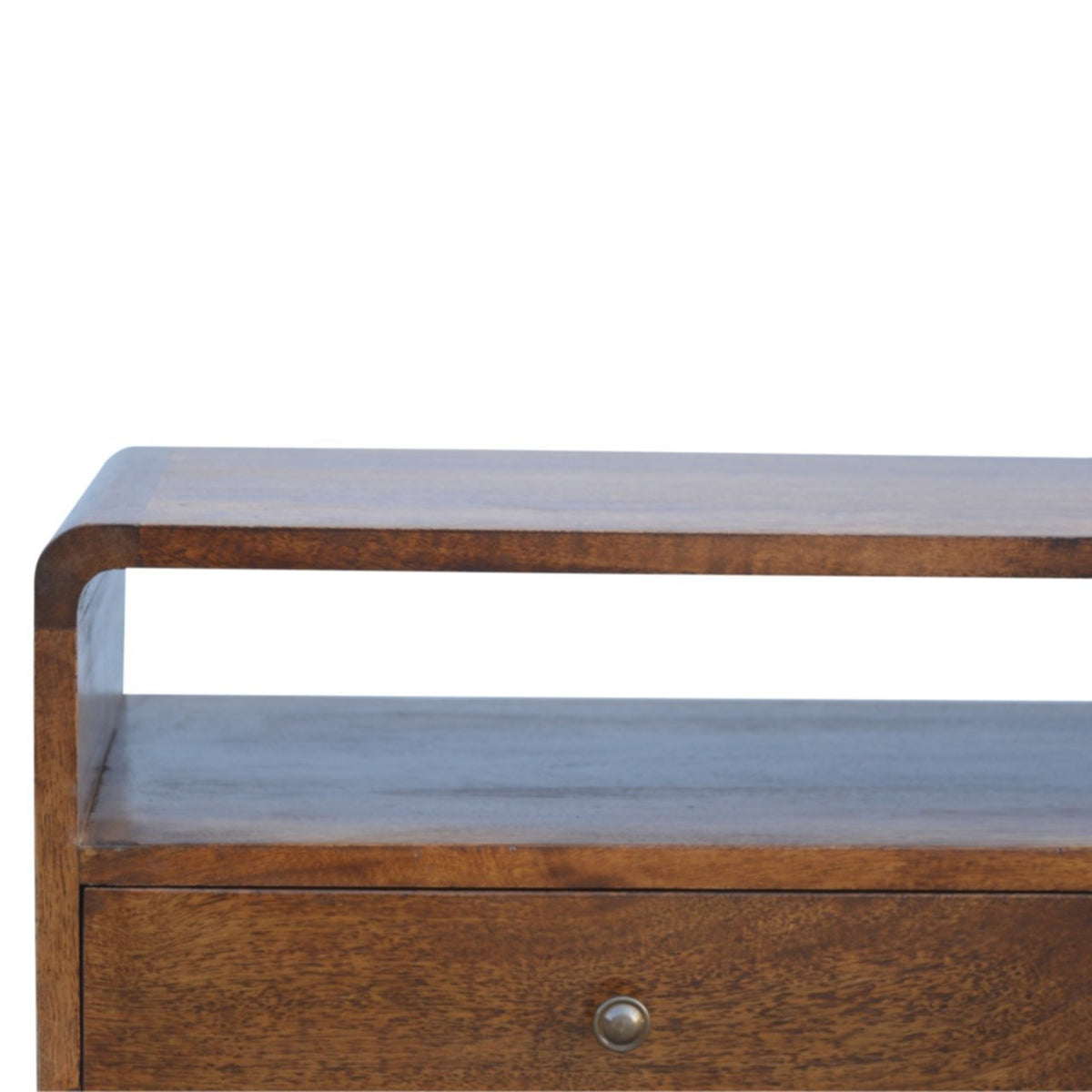 Massief mangohout gebogen kastanje mediameubel met 2 lades, open opbergruimte en Scandinavische poten | Kastanje Afwerking | 90x35x47 cm