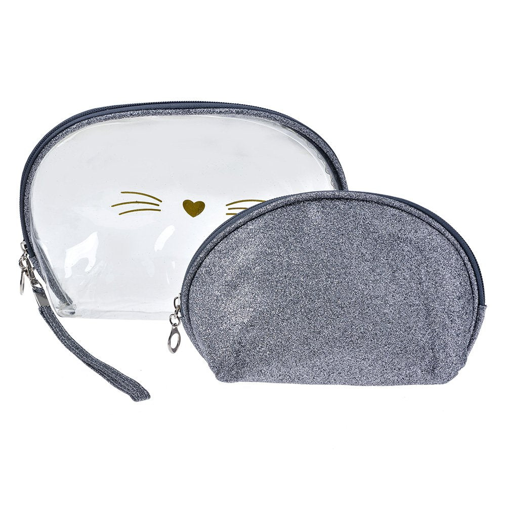 Toilettas Dames Set van 2 24x15 / 19x12 cm Zilverkleurig Polyurethaan Kat