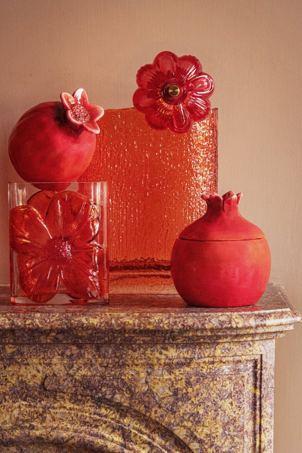 J-Line decoratie Granaatappel - keramiek - rood - 2 stuks