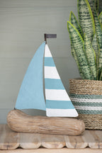 J-Line decoratie Zeilboot - hout - naturel/lichtblauw - S