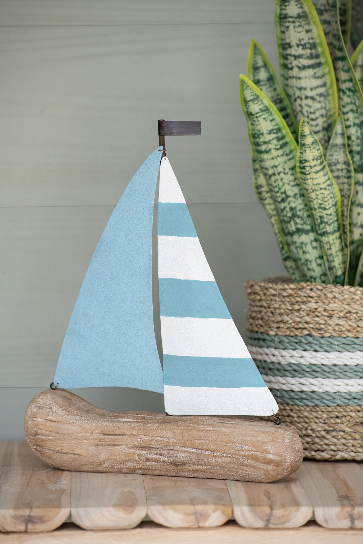 J-Line decoratie Zeilboot - hout - naturel/lichtblauw - S