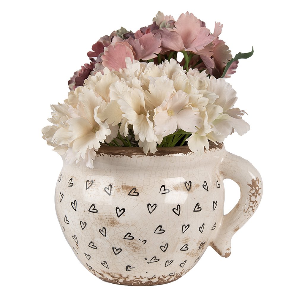 Bloempot 20x17x15 cm Beige Zwart Keramiek Hartjes Bloempot Binnen