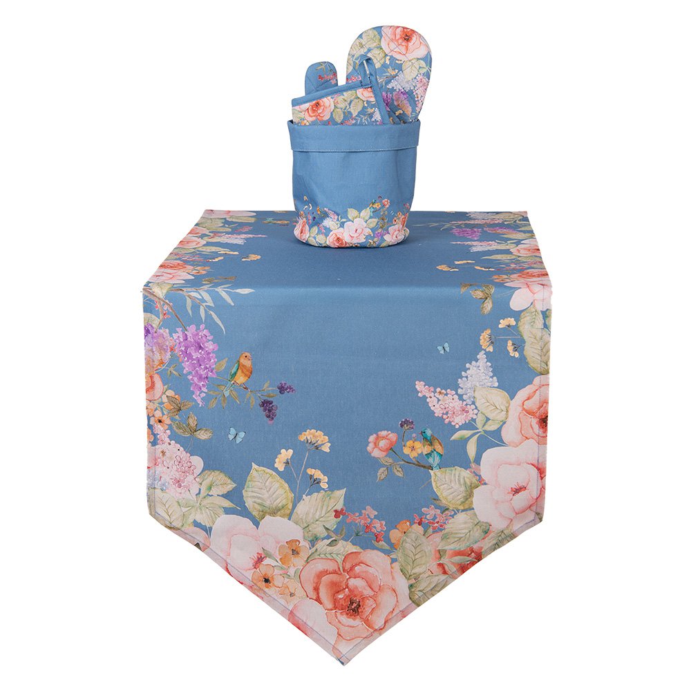 Tafelloper 50x160 cm Blauw Katoen Bloemen