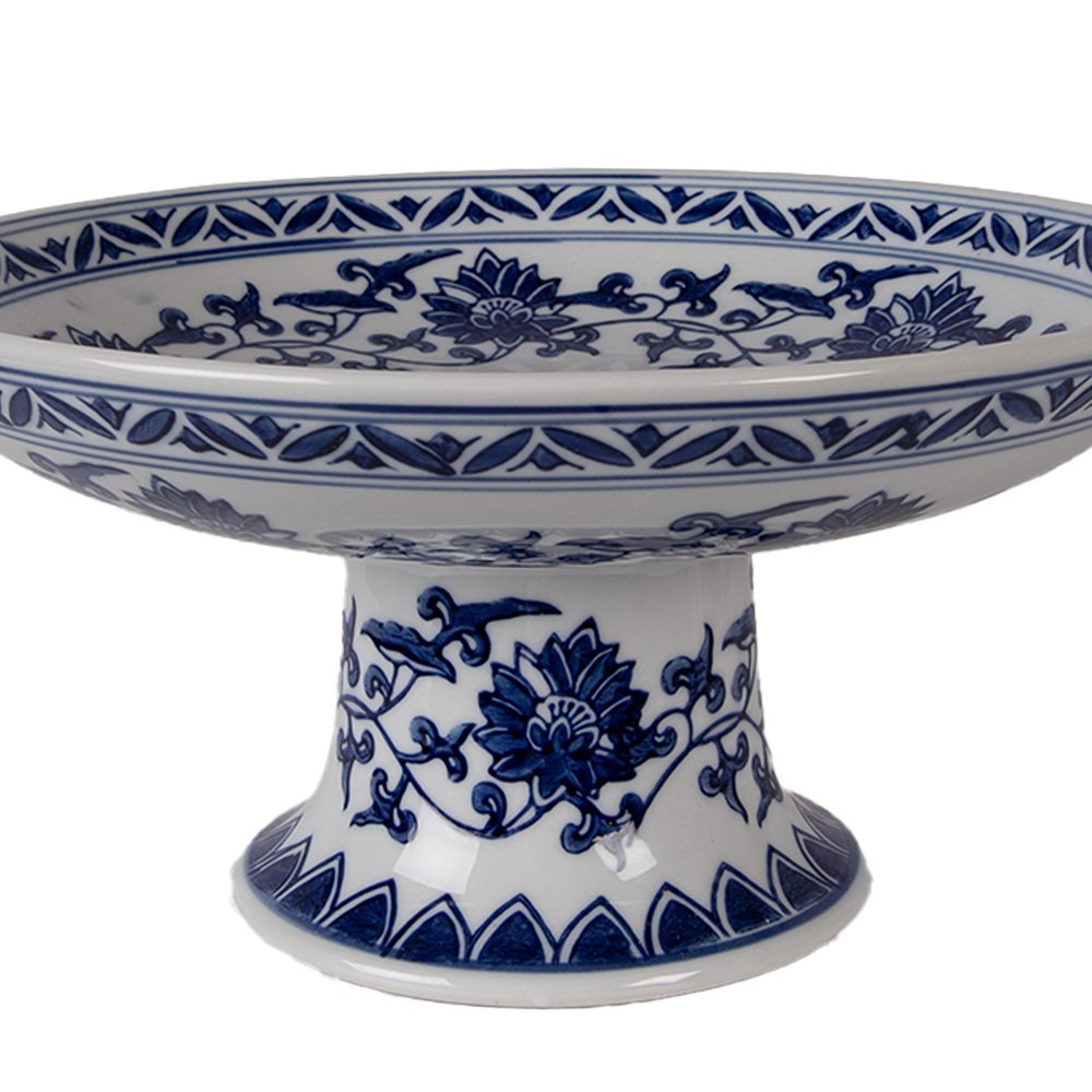 Taartplateau op Voet Ø 26x13 cm Wit Blauw Porselein