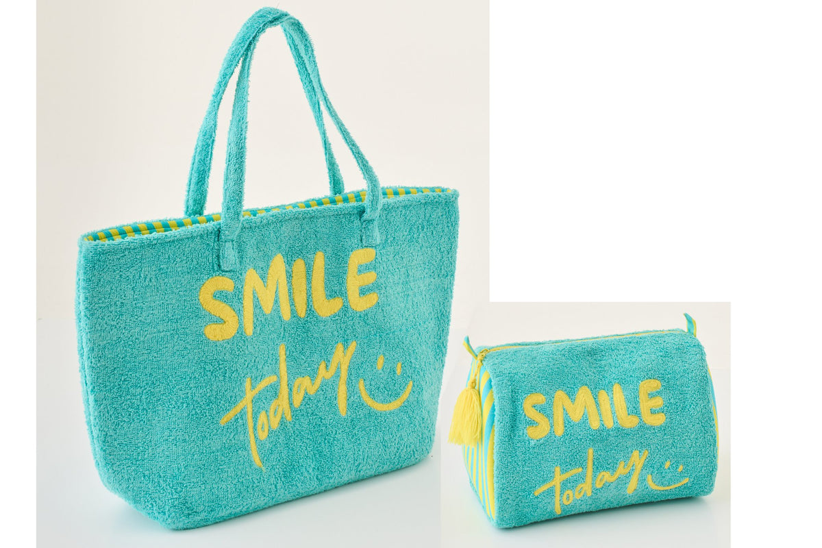 J-Line strandtas Smile - katoen - turkoois/geel - set van 2