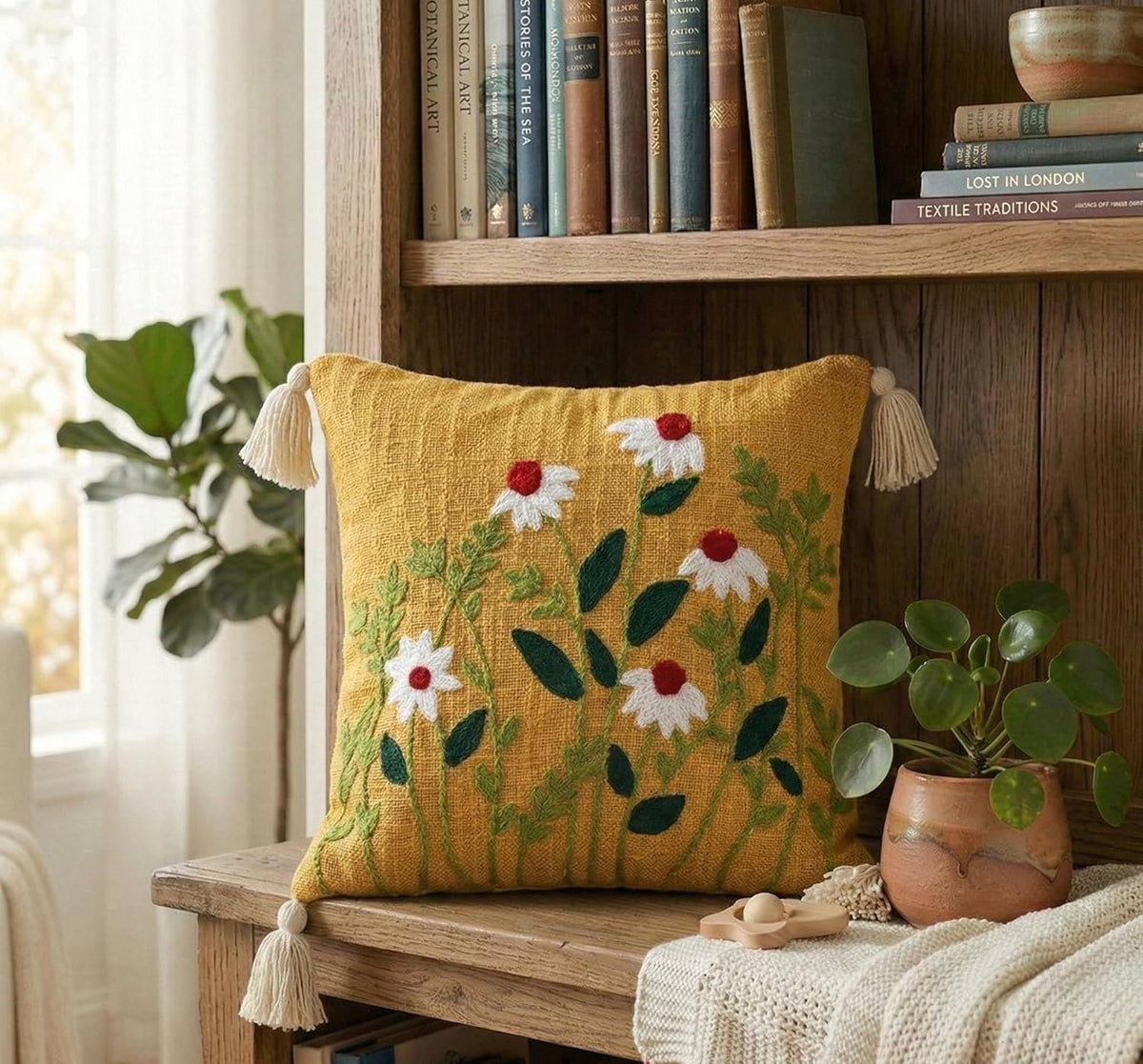 Geborduurde kussensloop van slubkatoen – decoratieve kussensloop – getuft bloemmotief – 16x16 inch