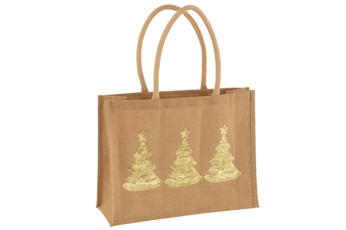 J-Line zak 3 Kerstbomen - jute - naturel/goud