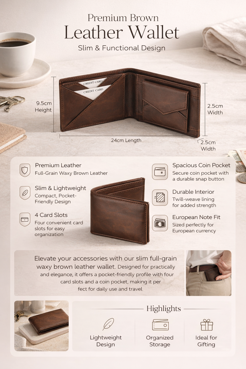 Premium bruin lederen portemonnee – Slank en functioneel ontwerp