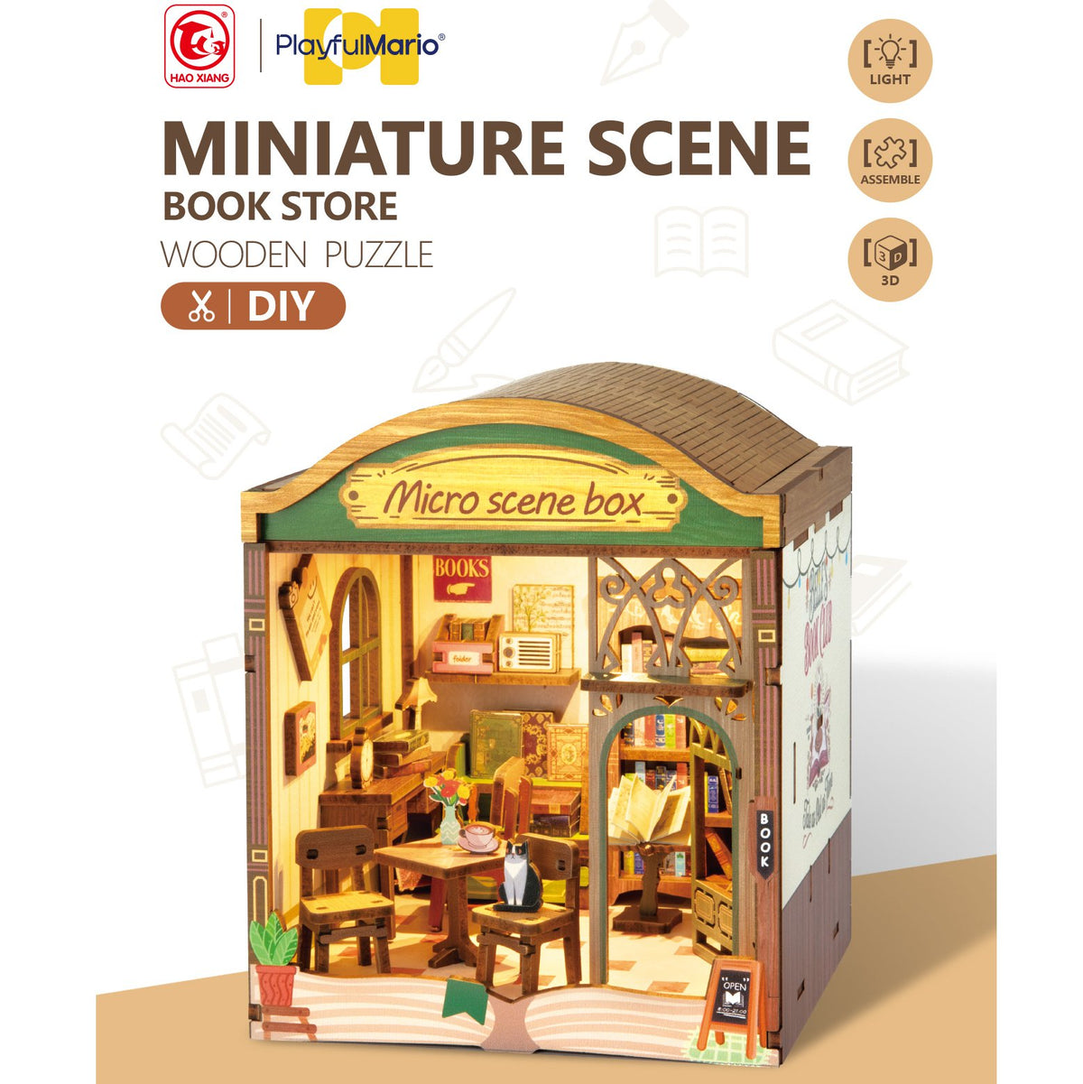 DIY Miniature Scene 3D Boekwinkel met LED- verlichting- MDF