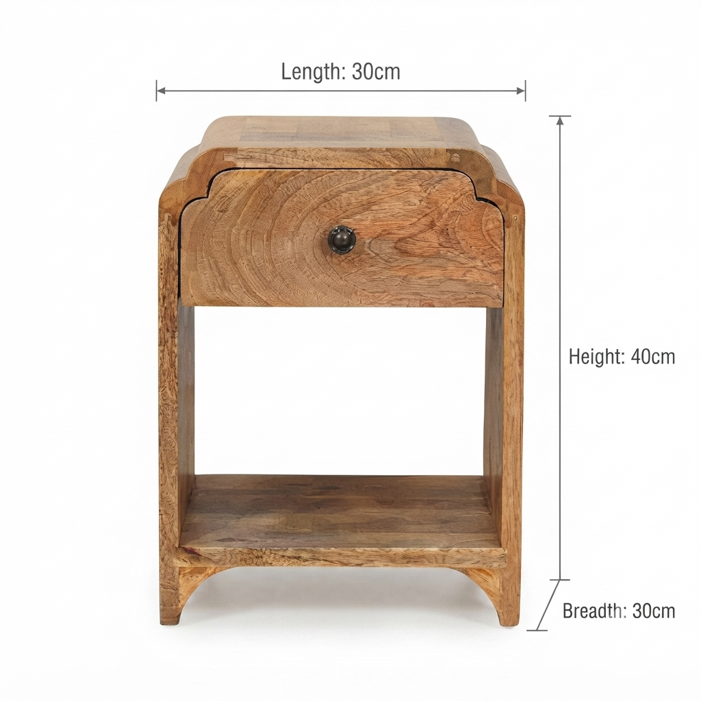 Massief houten Newton mini-nachtkastje in eikenhout, 1 lade en open plank, beige