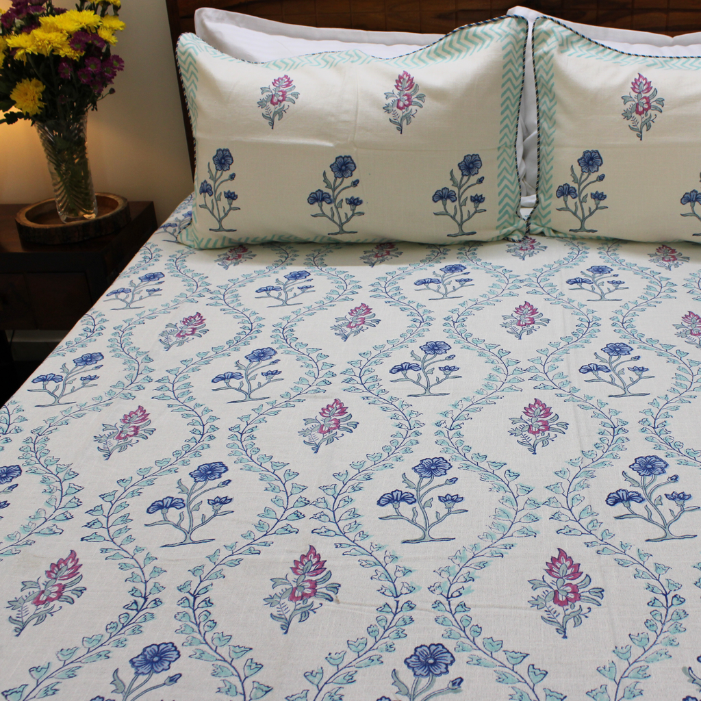 Laken | Handblok Lotus Garden Indigo & Blush | 3-delige set