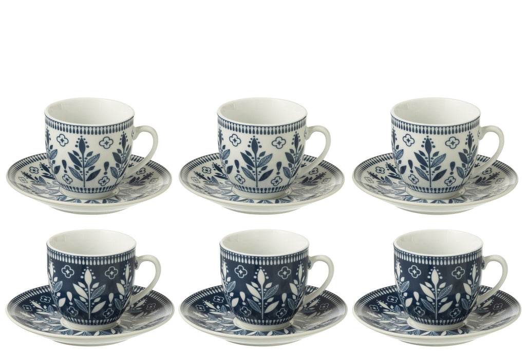 J-Line Doos 6 Kopjes+Schaal Bladeren Keramiek Donkerblauw