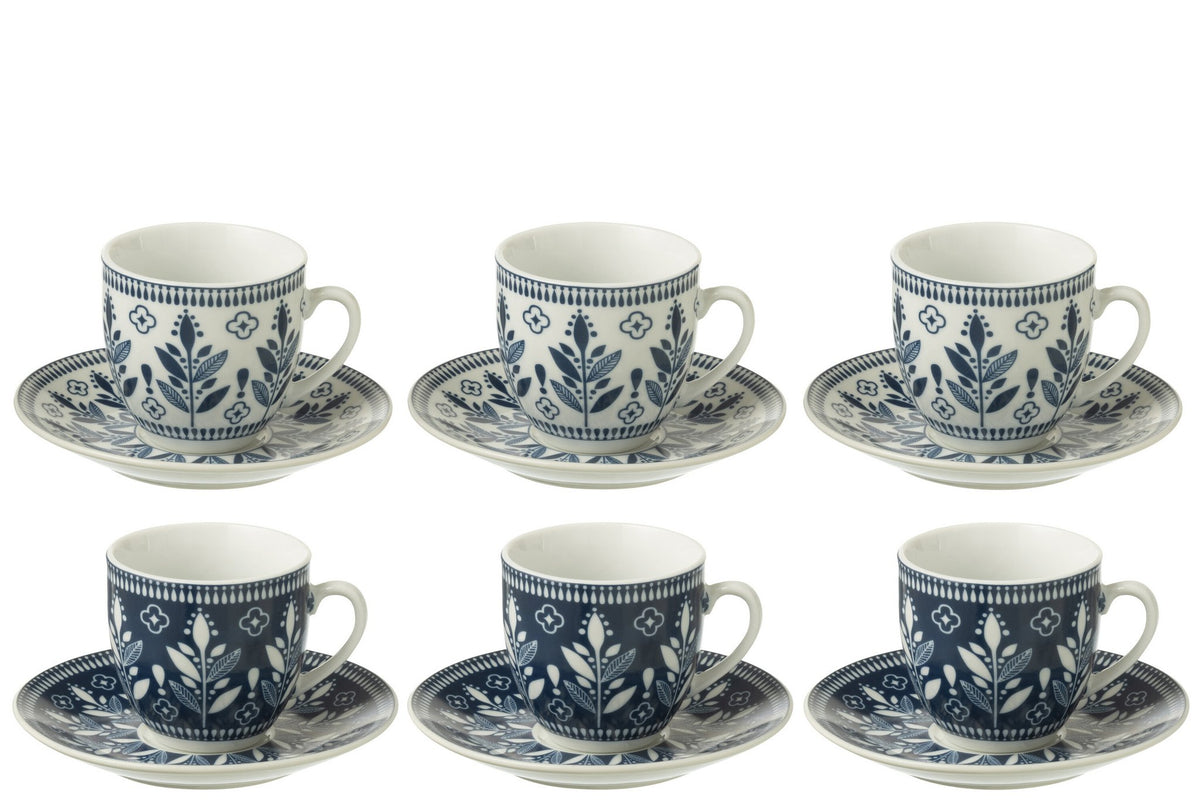 J-Line Doos 6 Kopjes+Schaal Bladeren Keramiek Donkerblauw