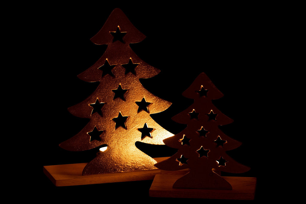 J-Line theelichthouder Kerstboom - aluminium/hout - goud - large