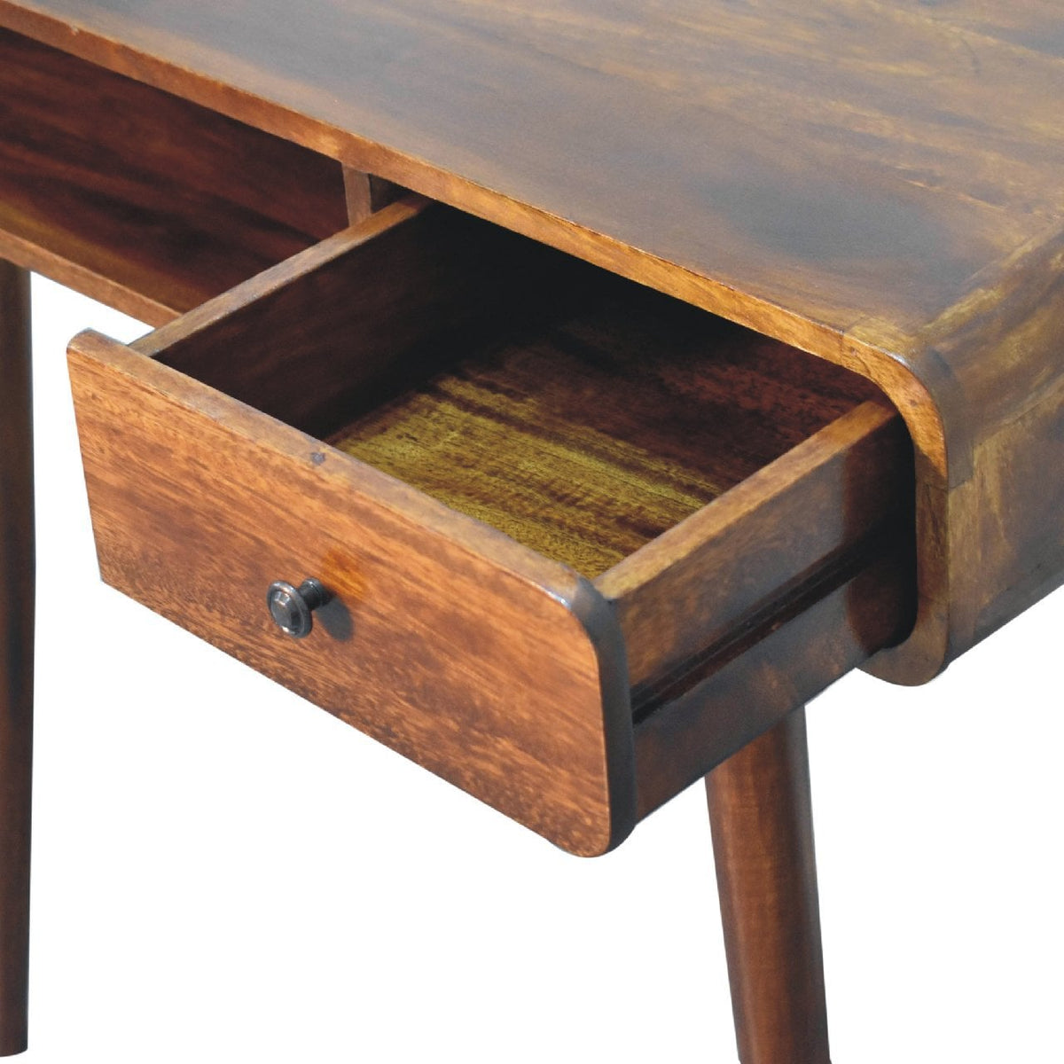 Gebogen kastanje bureau van , 1 lade, 1 open plank, bruin