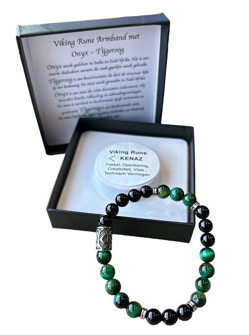 Heren armband 8 mm Onyx en Tijgeroog met Viking kraal