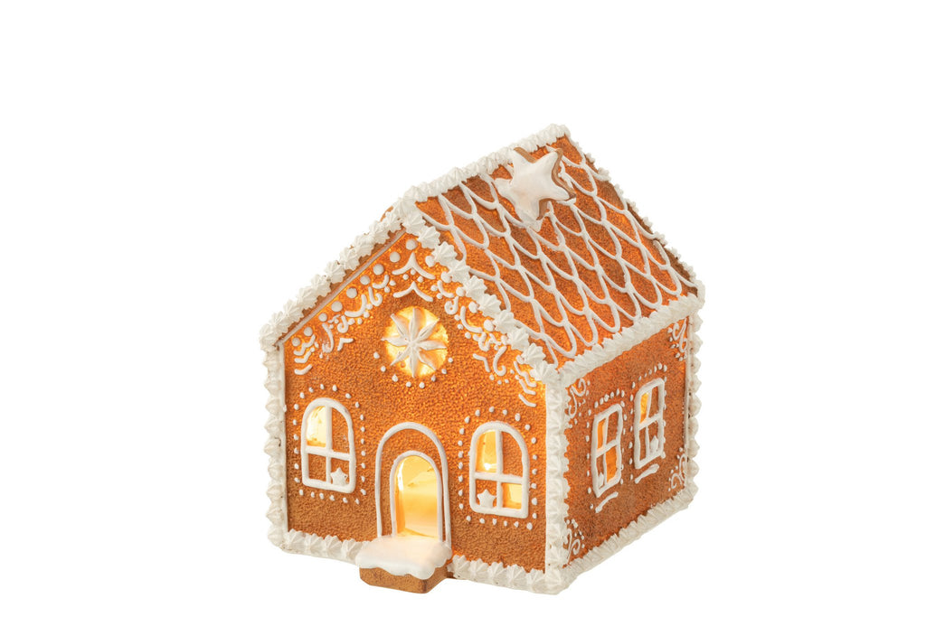 J-Line decoratie Huis Peperkoek Ster - polyresin - bruin - M - LED