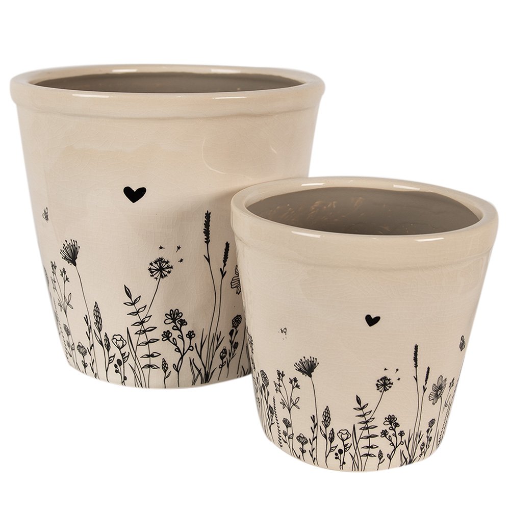 Bloempot Ø 15x14 cm Beige Zwart Keramiek Bloemen Bloempot Binnen