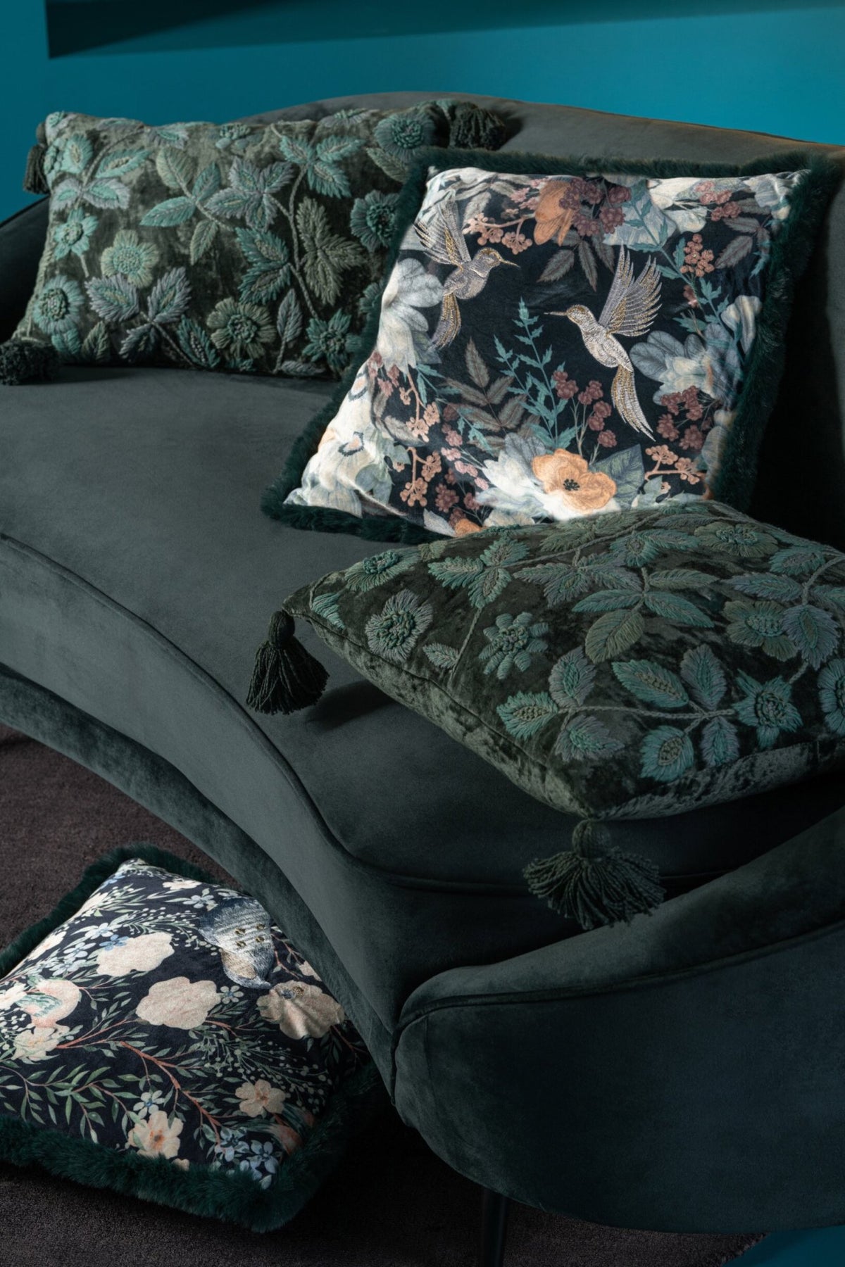 J-Line kussen Bladeren Vierkant - viscose - donkergroen/turquoise