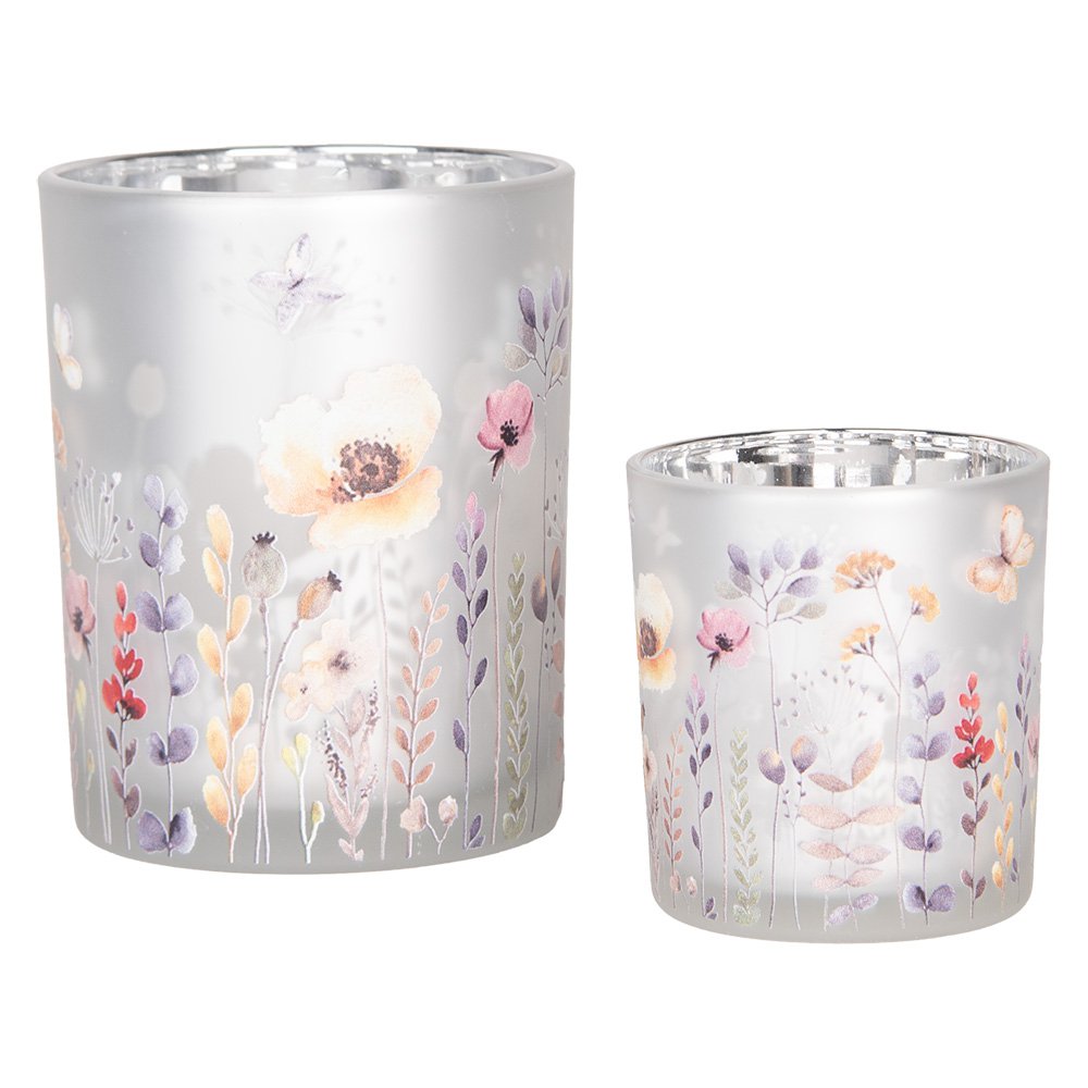 Theelichthouder Set van 2 Ø 7x8 / 10x13 cm Grijs Glas Bloemen
