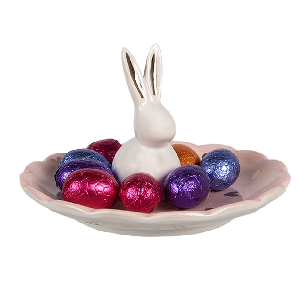 Schaaltje Konijn Ø 14x9 cm Roze Keramiek Hartjes Decoratie Schaal