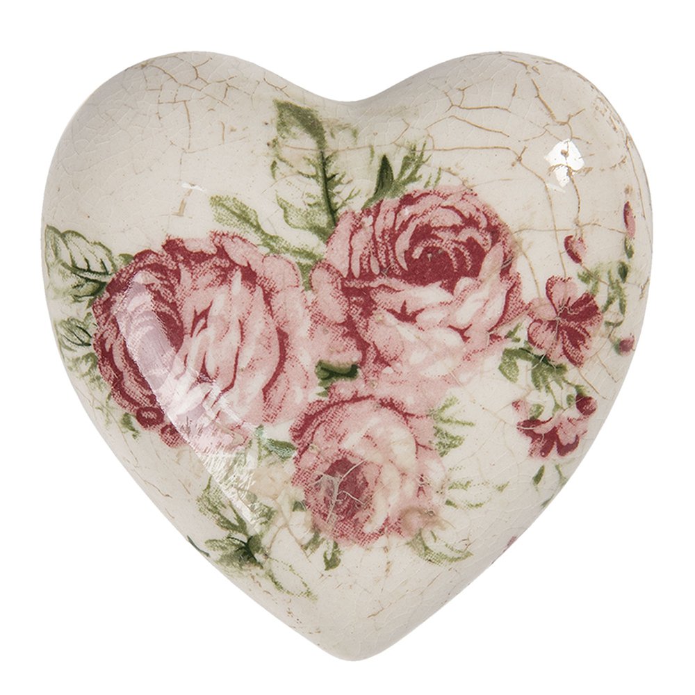 Decoratie Hart 8x8x4 cm Beige Roze Keramiek Bloemen