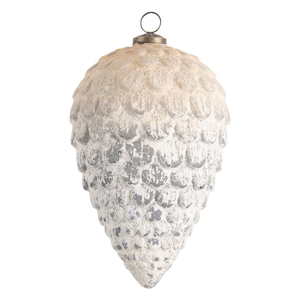 Kerstbal XL Ø 13x20 cm Wit Grijs Glas Kerstboomversiering