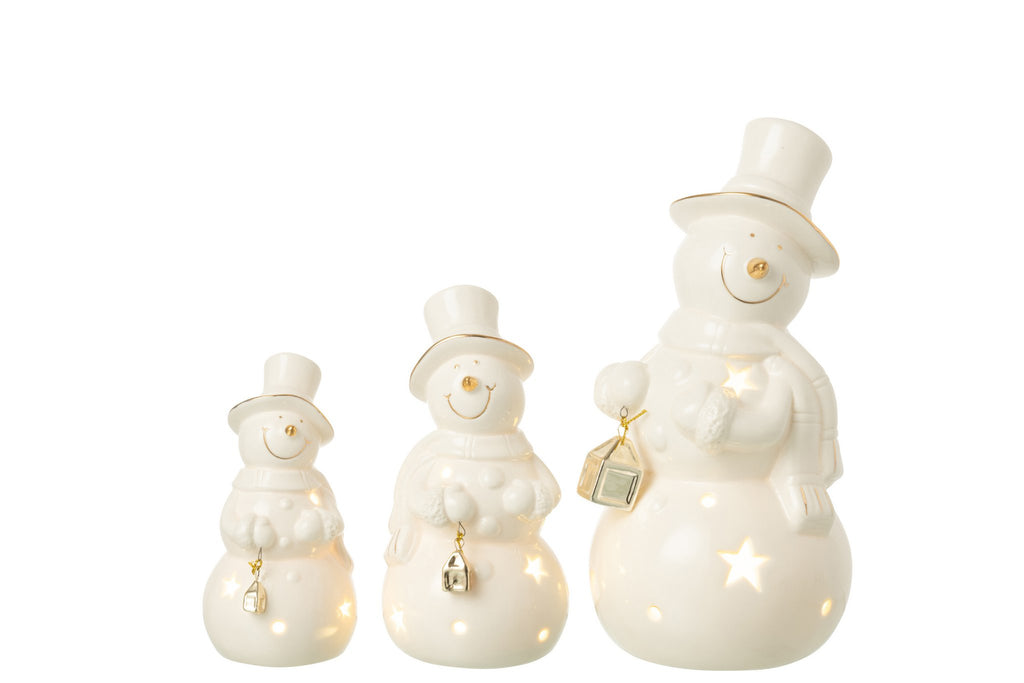 J-Line figuur Sneeuwman - porselein - ecru - L - LED lichtjes