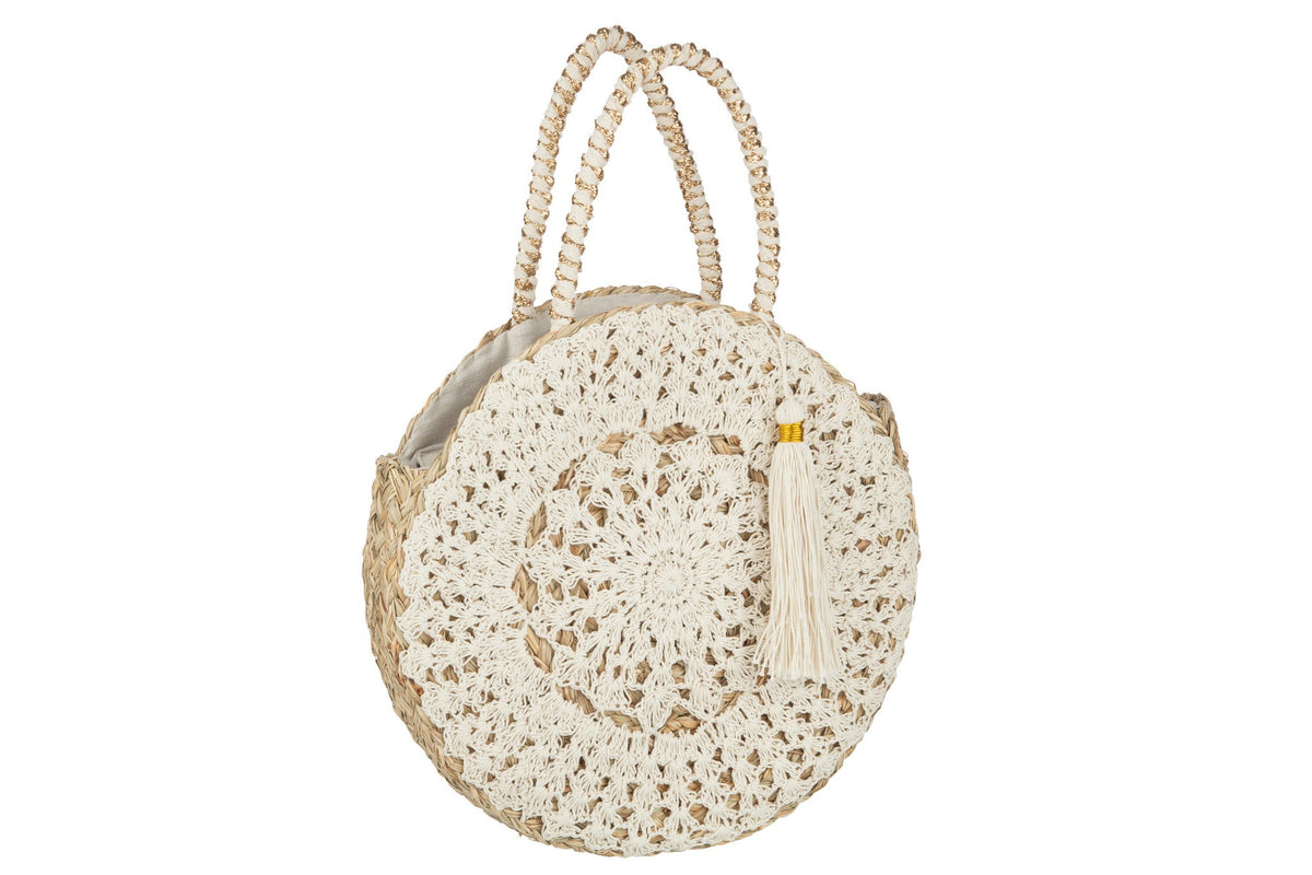 J-Line Strandtas Rond+Kwast Zeegras/Kant Nat/Wit