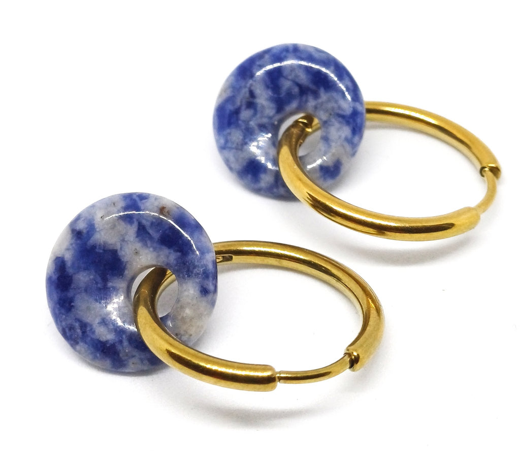 Roestvrijstalen creolen met blue spot jasper donut